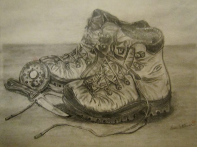 Graphite drawing of a pair of hiking boots, fishing reel, and pocket knife.