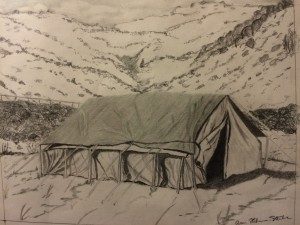 Graphite drawing of a canvas wall tent